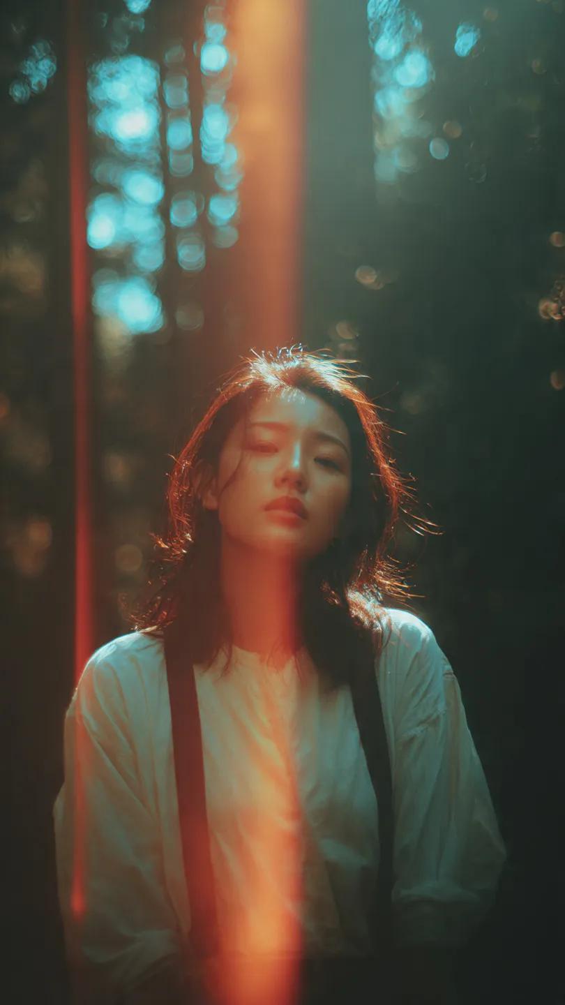 Cinematic forest portrait of an Asian woman with