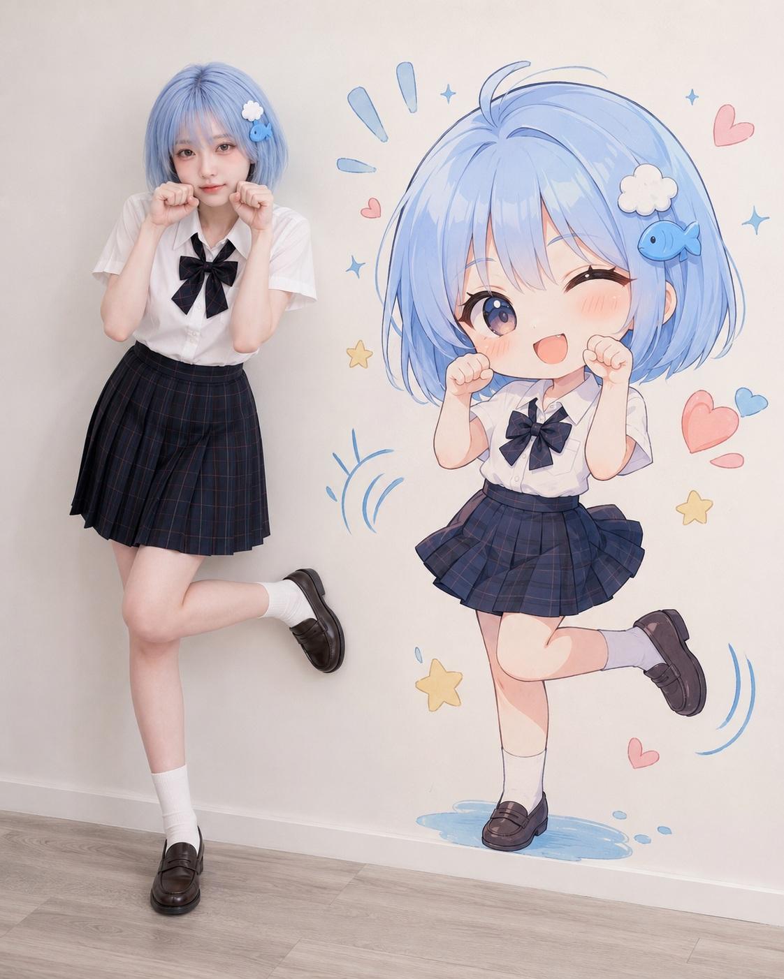 Real girl beside chibi wall art