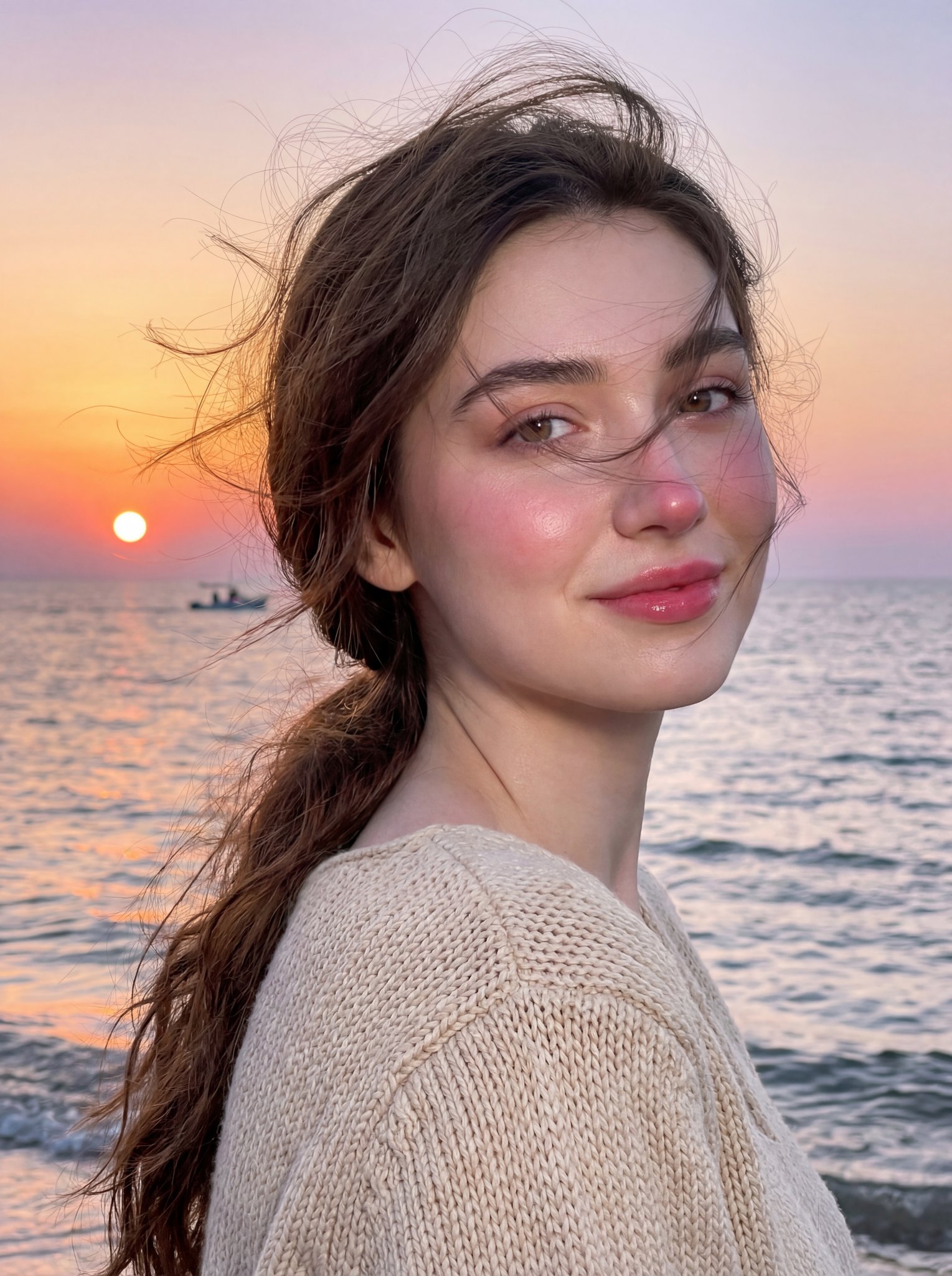 young woman seaside sunset portrait with glowing