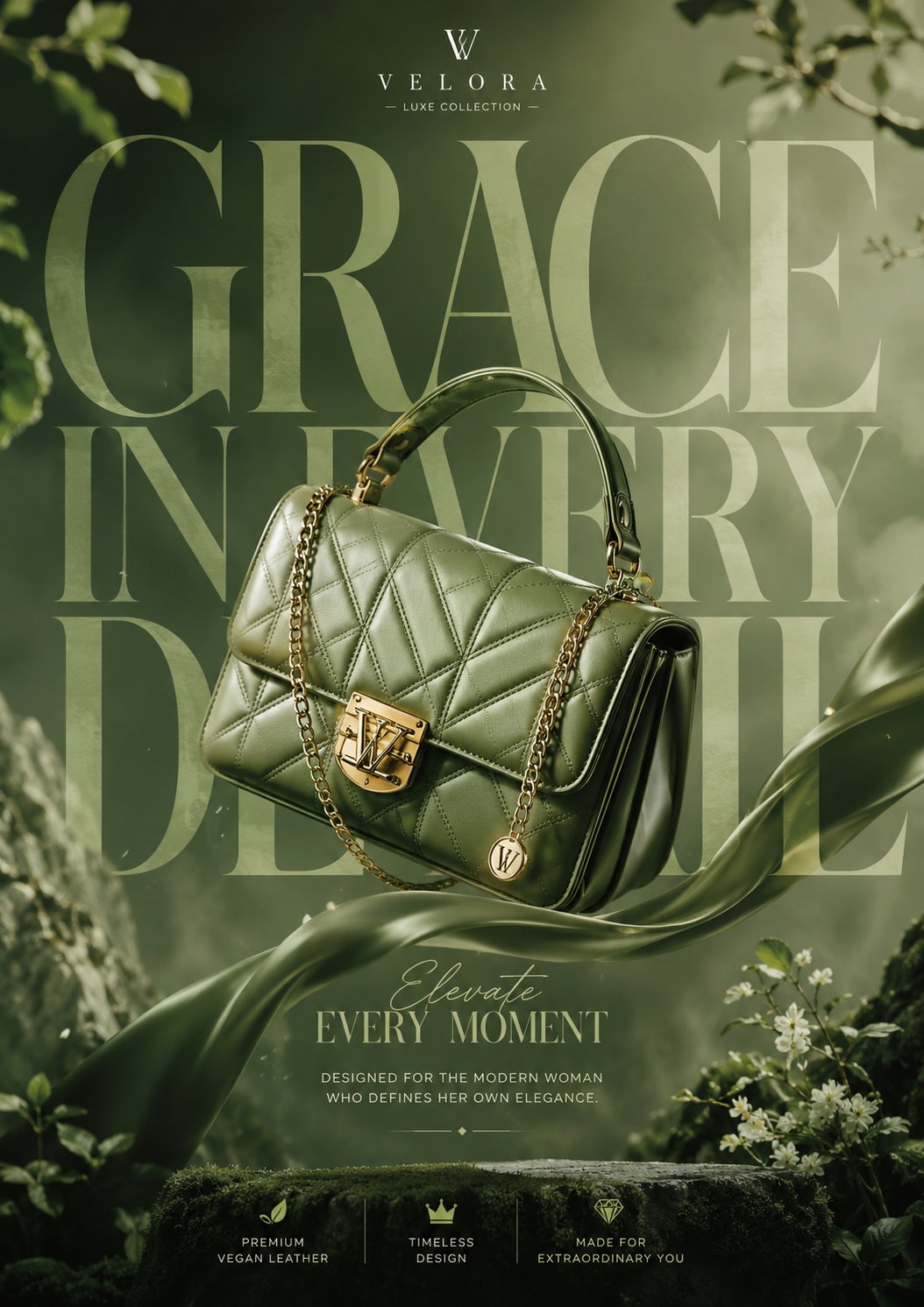 Luxury Green Handbag Floating in Forest with Bold