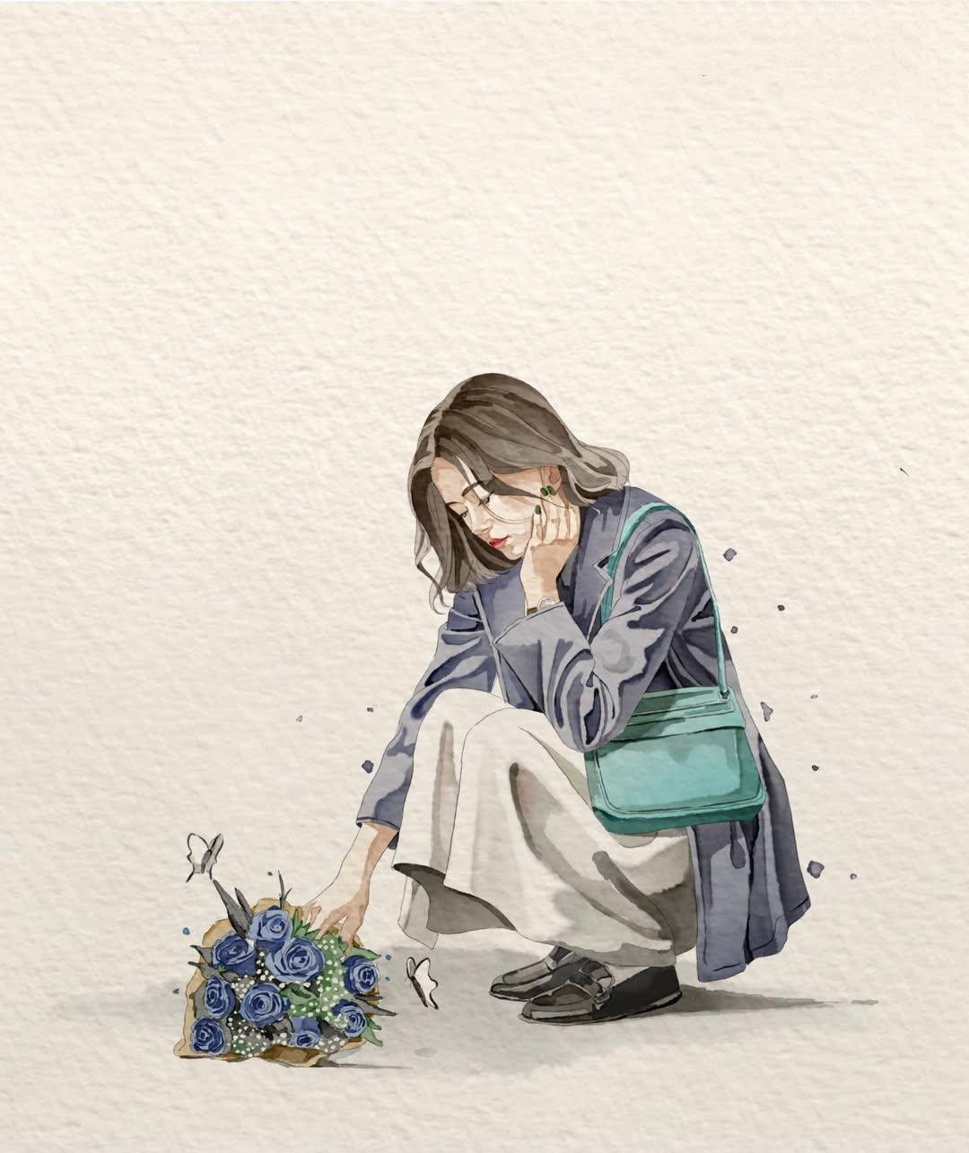 woman touching blue roses watercolor illustration