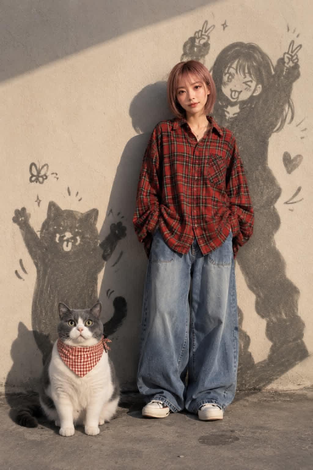 Girl with manga shadow art and cat
