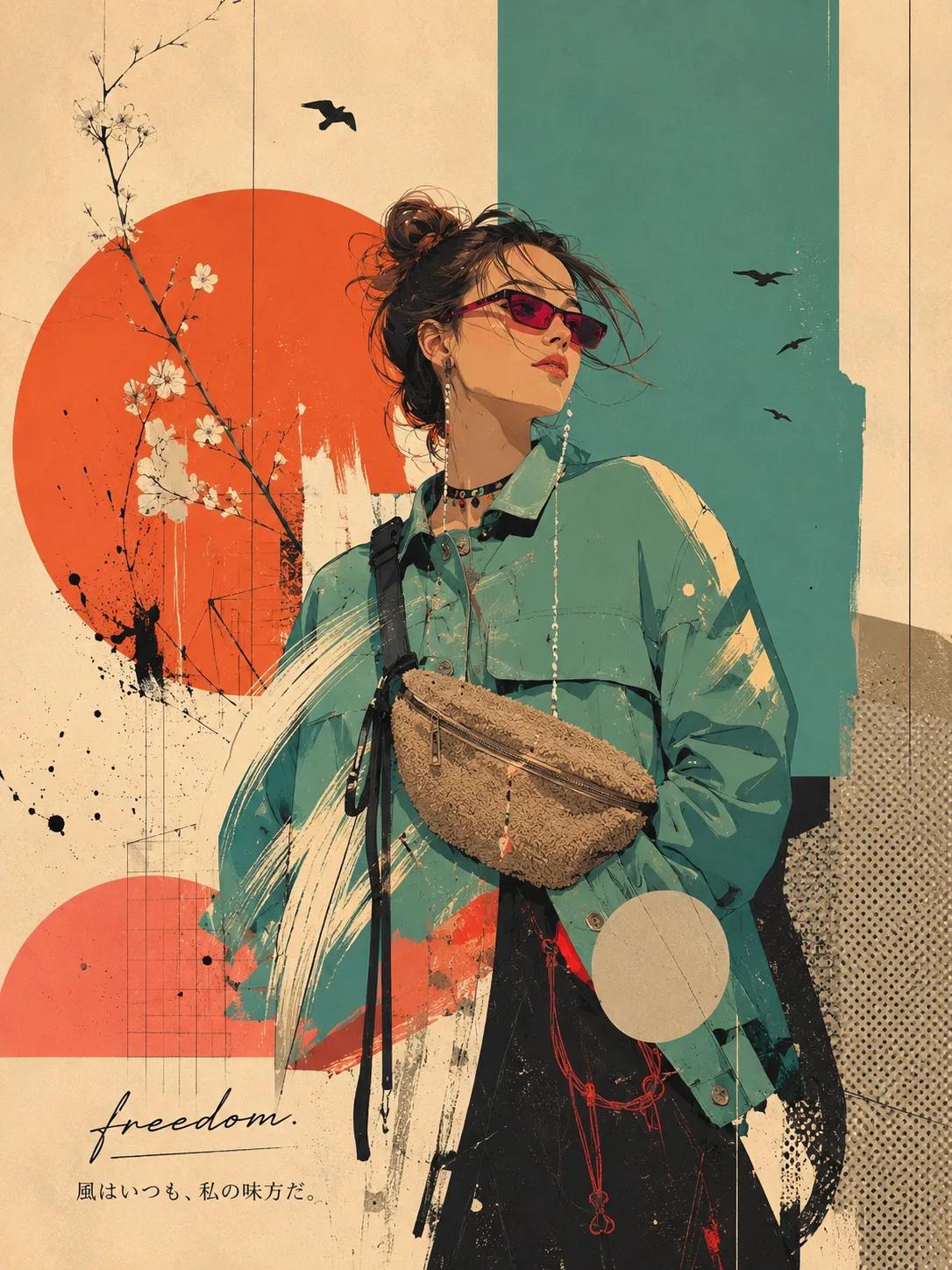 Woman in teal jacket and sunglasses against graphic