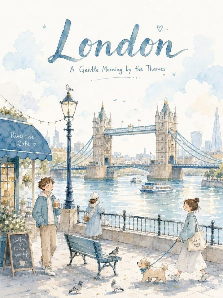 London Watercolor Poster Riverside Morning