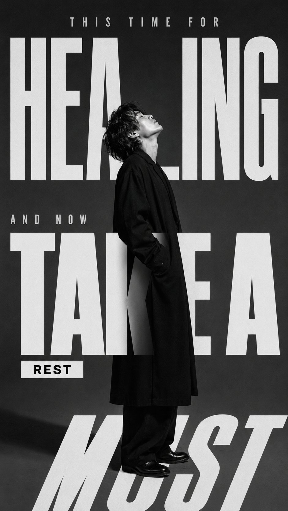 Black and white editorial fashion poster with East
