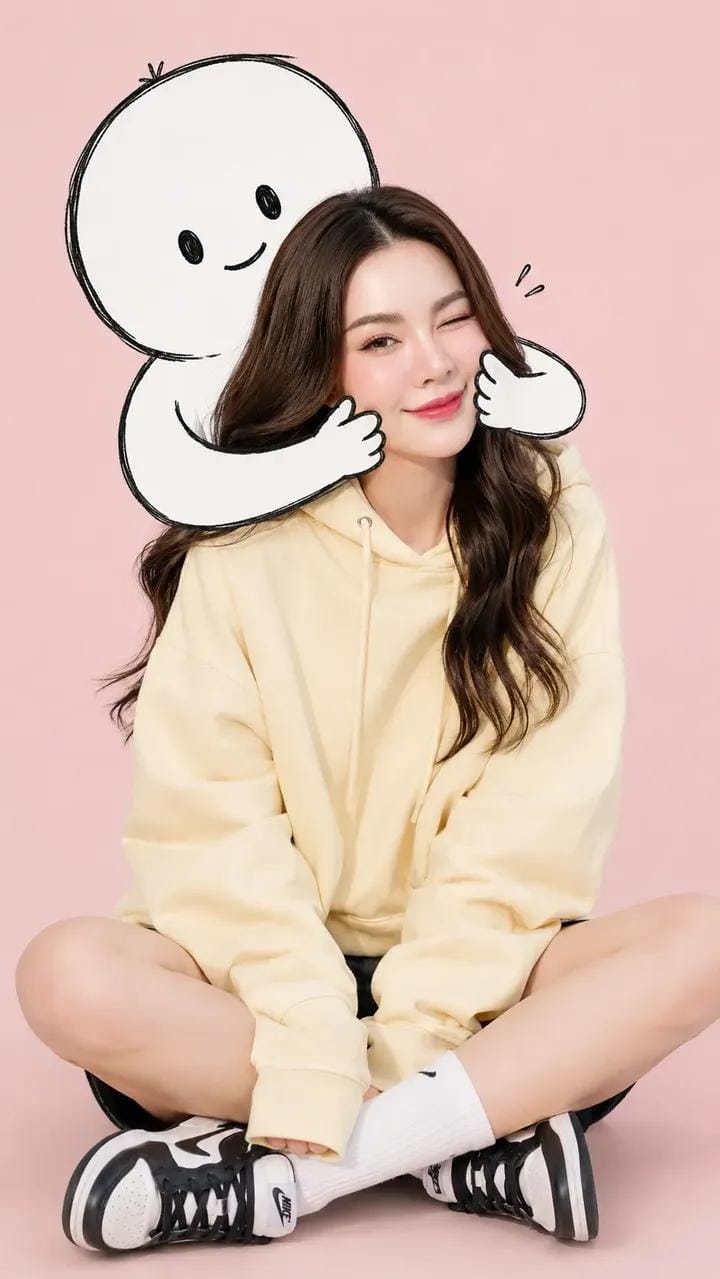 Fashion Portrait Of Young Woman With Cute Cartoon