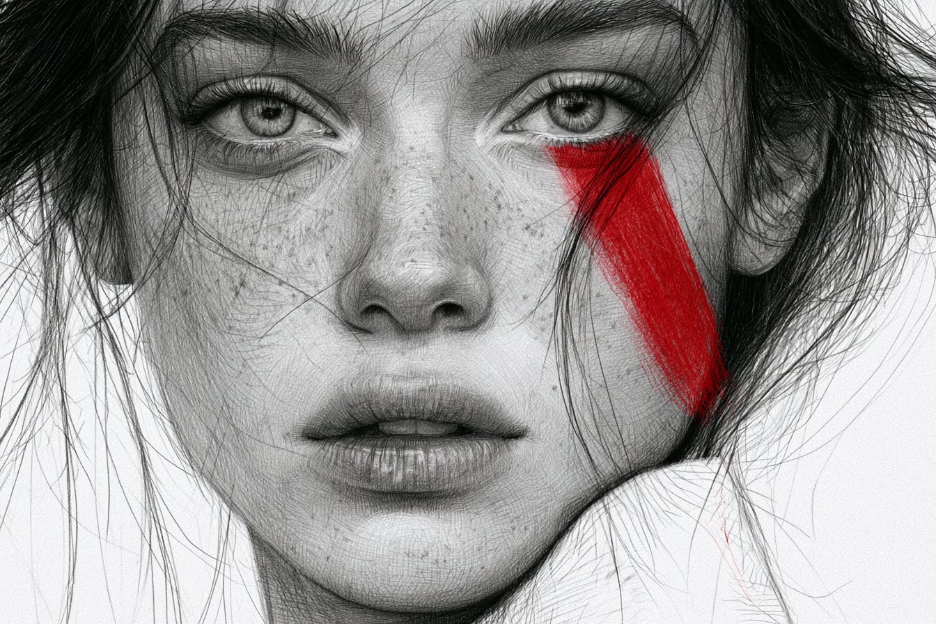 Portrait sketch with red accent stroke