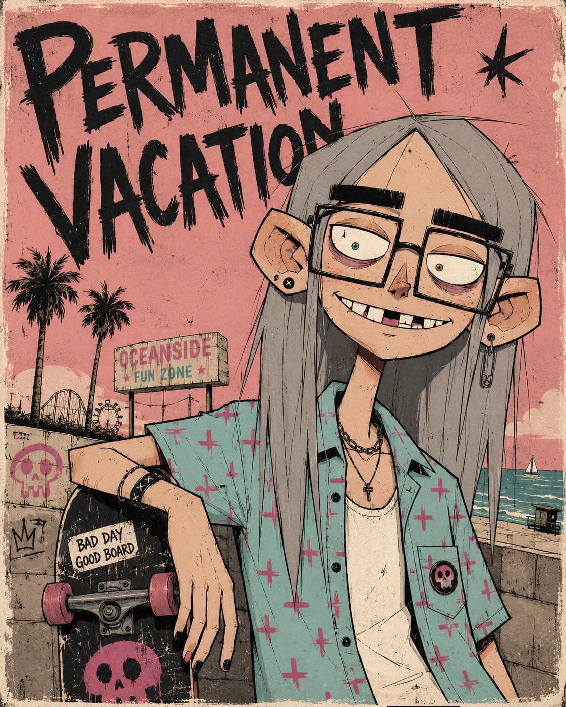 Permanent Vacation Skateboard Character Illustration