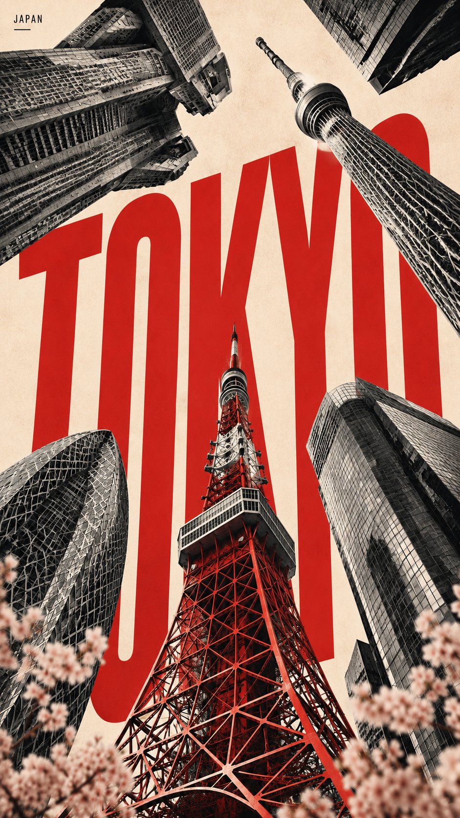 Tokyo vertical city travel poster with red tower and