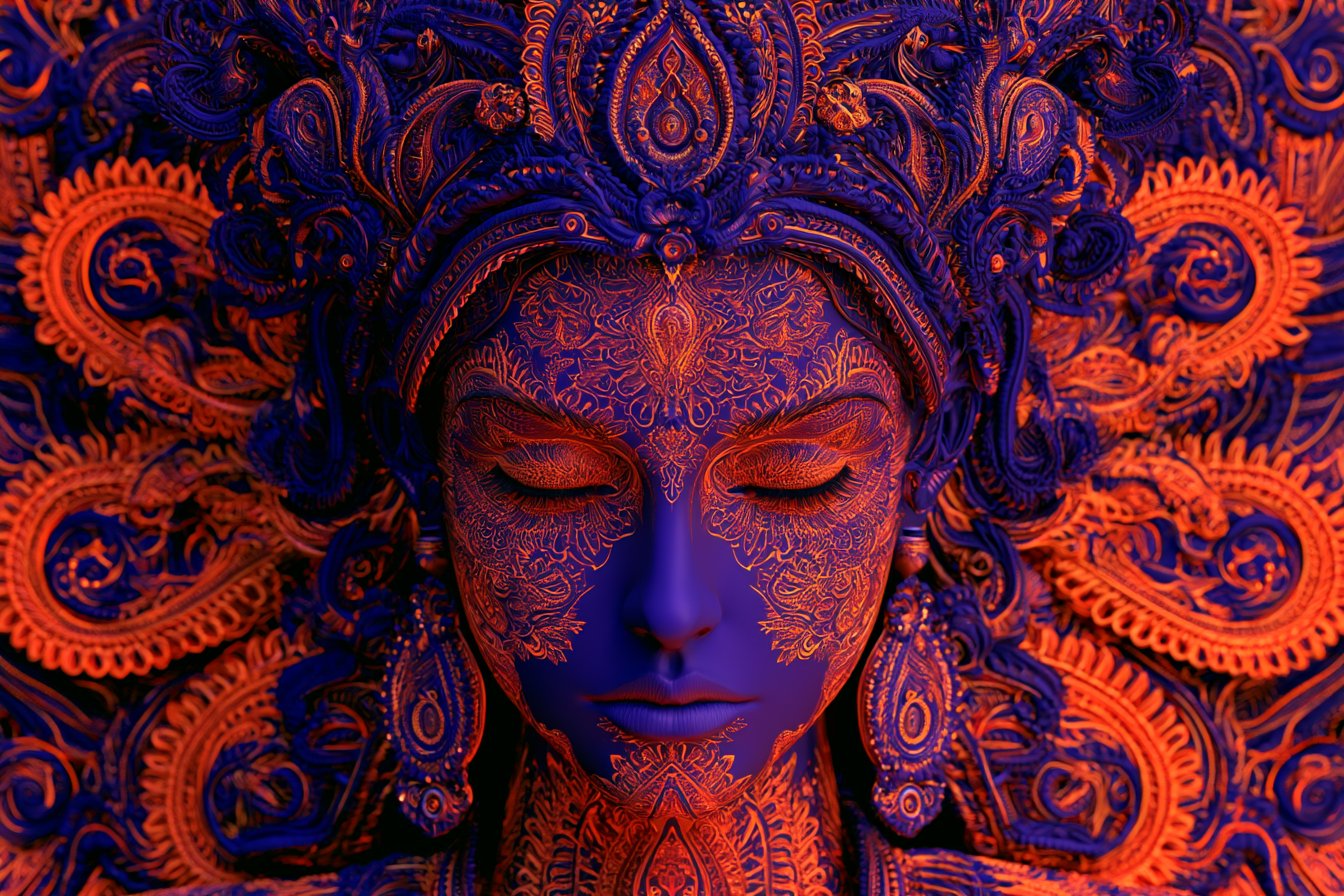 Psychedelic Paisley Portrait in Blue and Orange