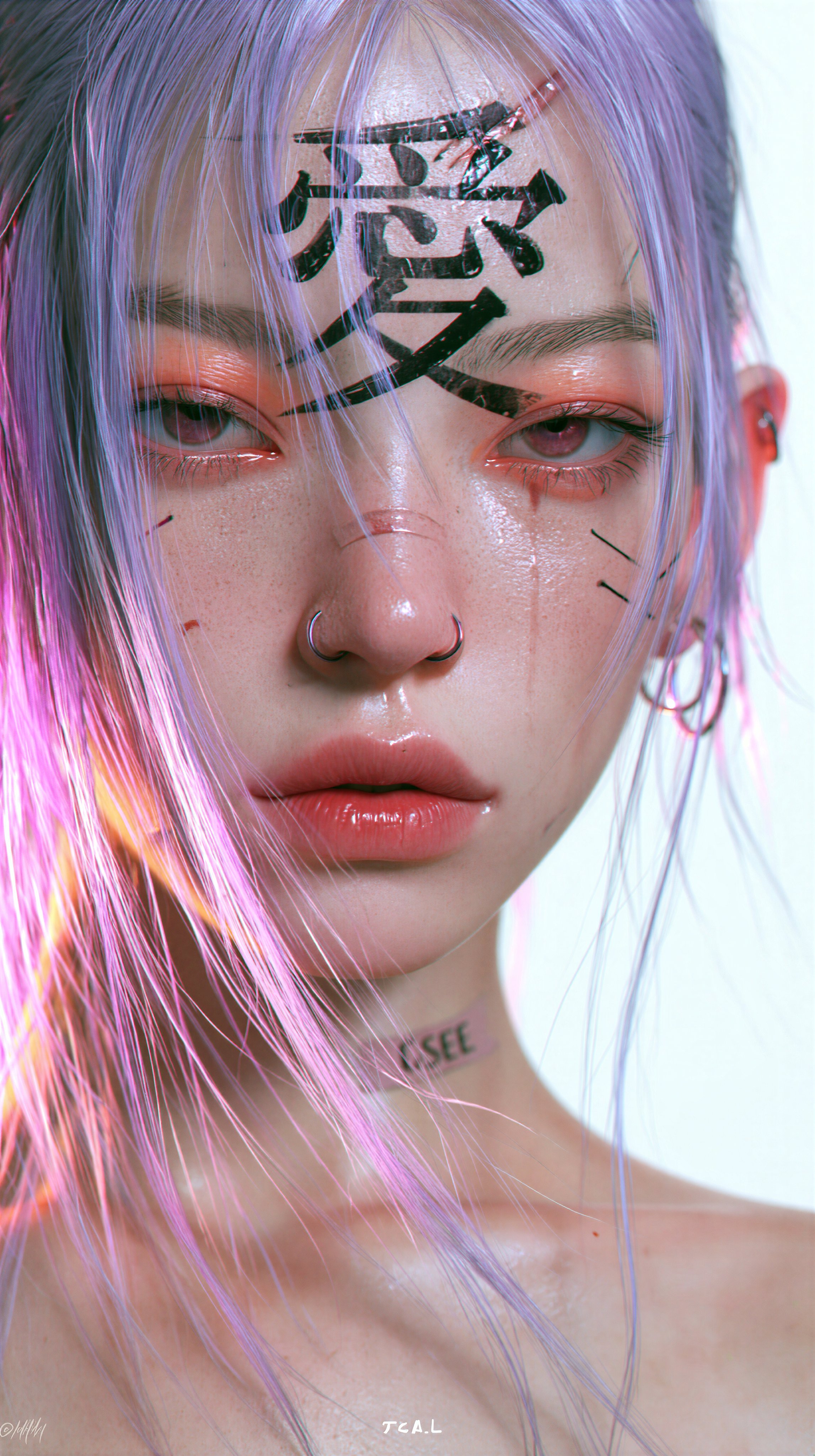 Purple-haired woman with kanji face paint and