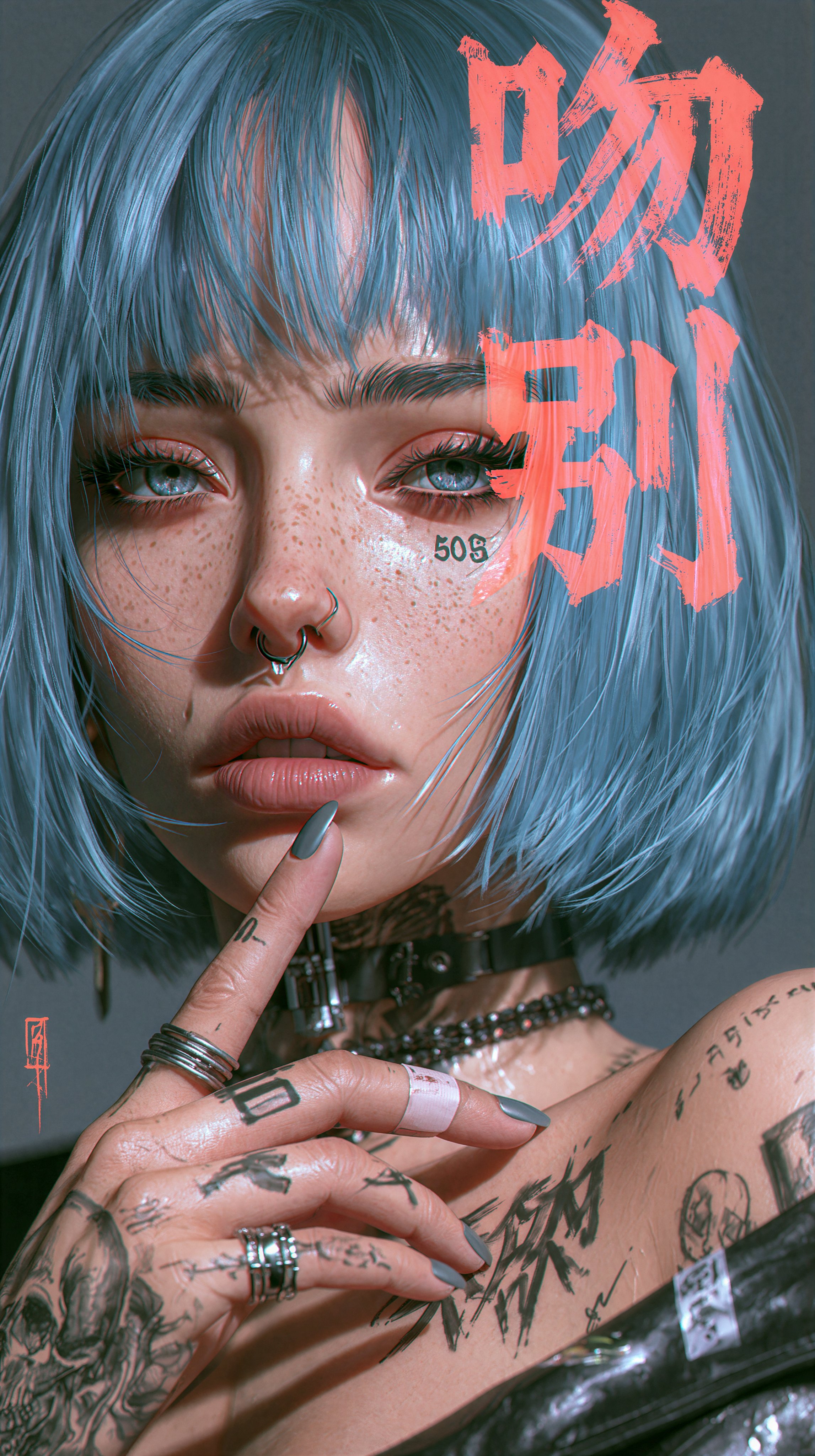 Blue-haired cyberpunk woman with tattoos and Asian