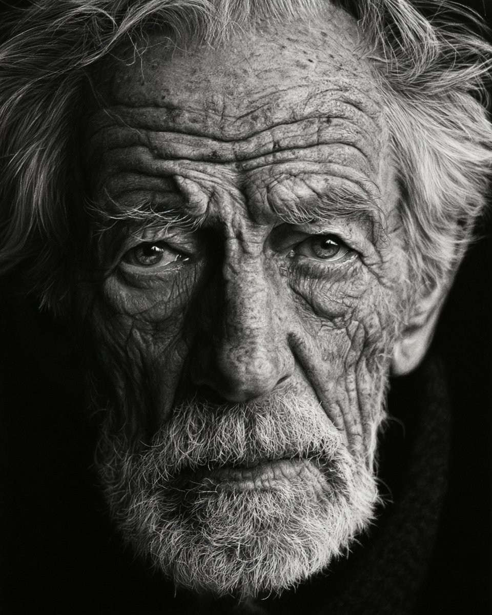 Hyper-detailed charcoal portrait of an elderly man's
