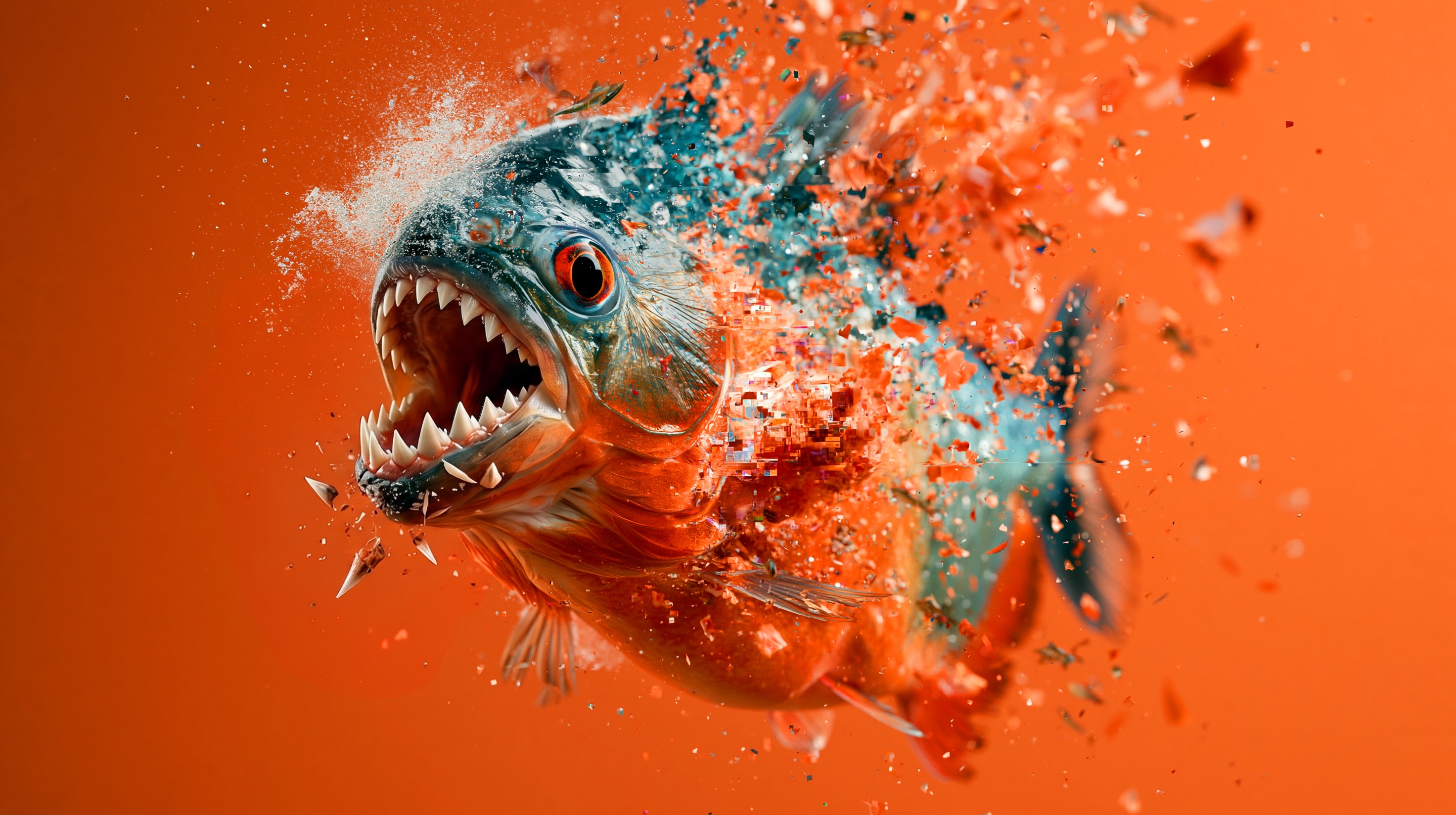 Digital Glitch Piranha on Orange Background