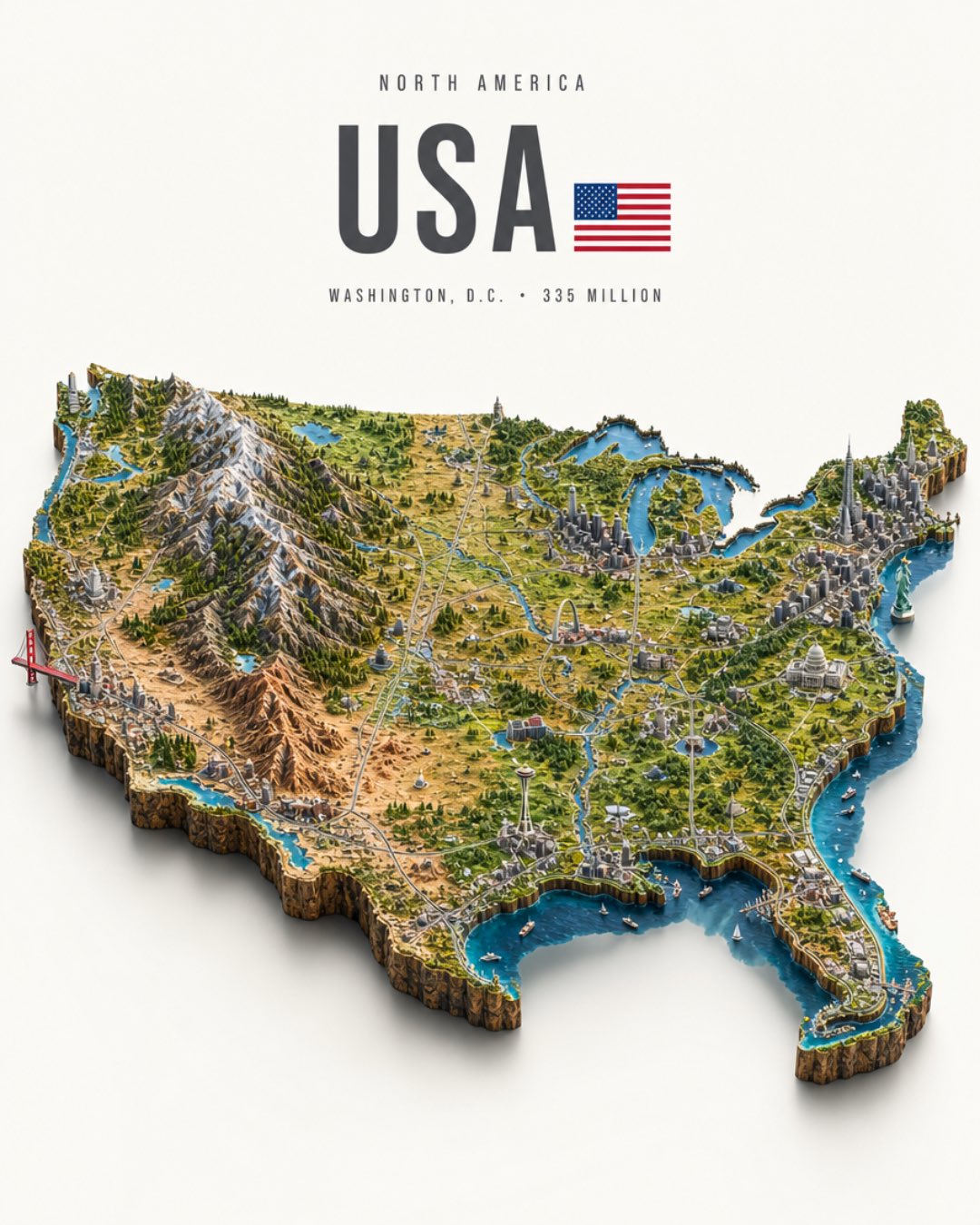 USA Isometric Map Diorama with Miniature Cities and