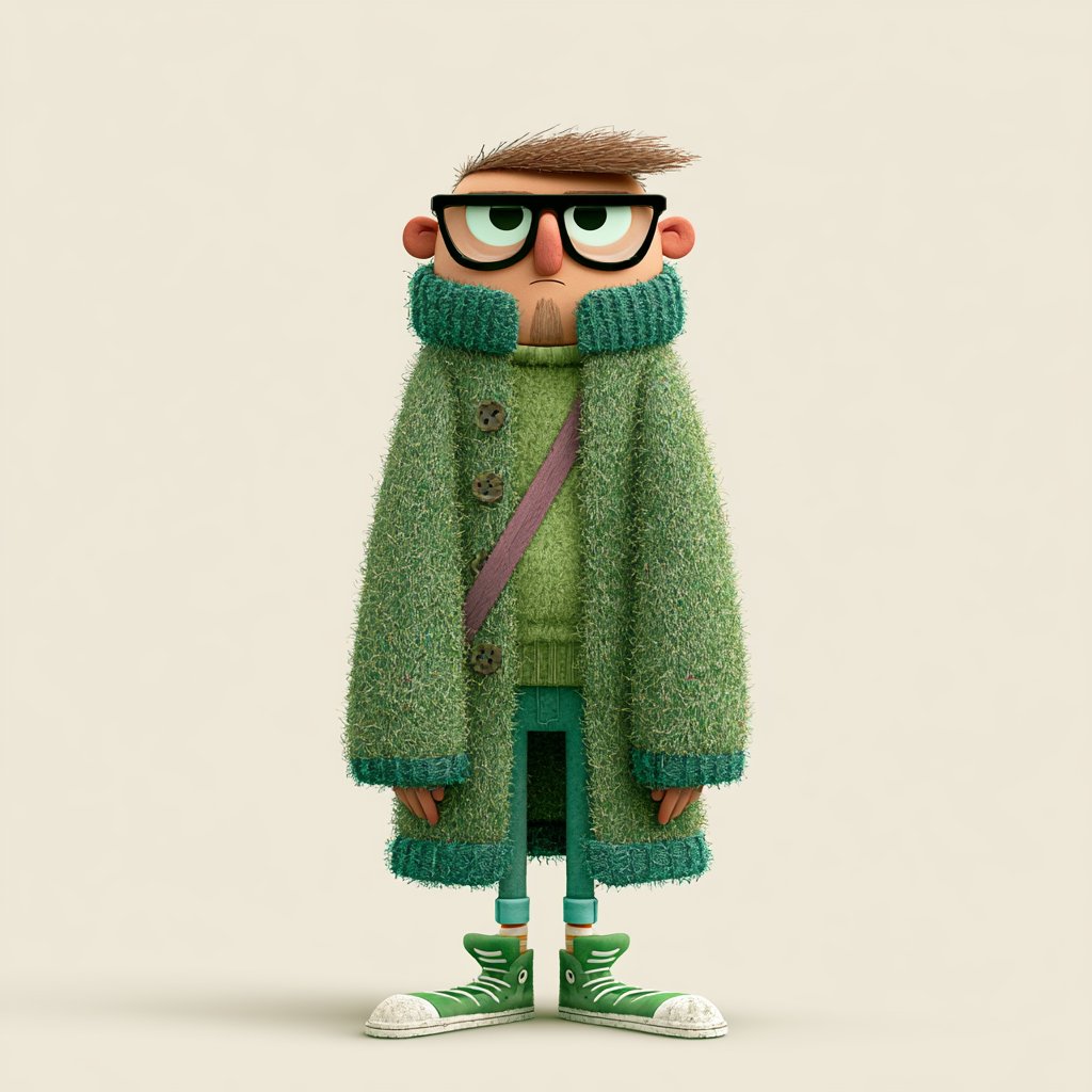 knitted green character with glasses