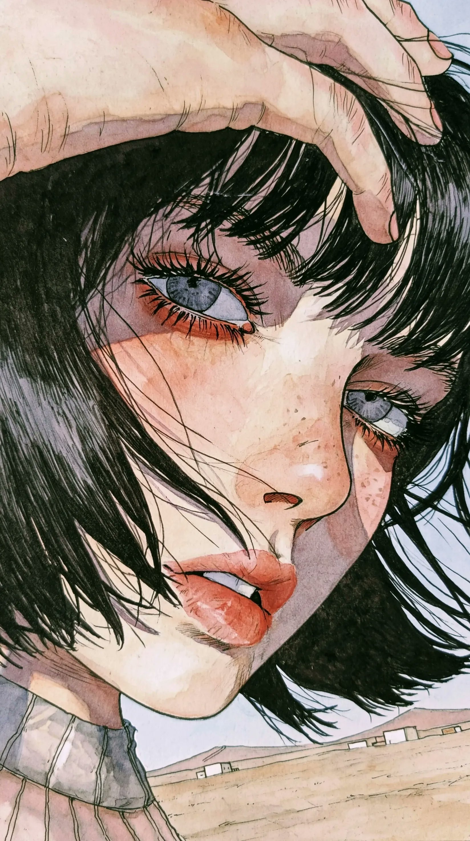 watercolor manga portrait with hand on head