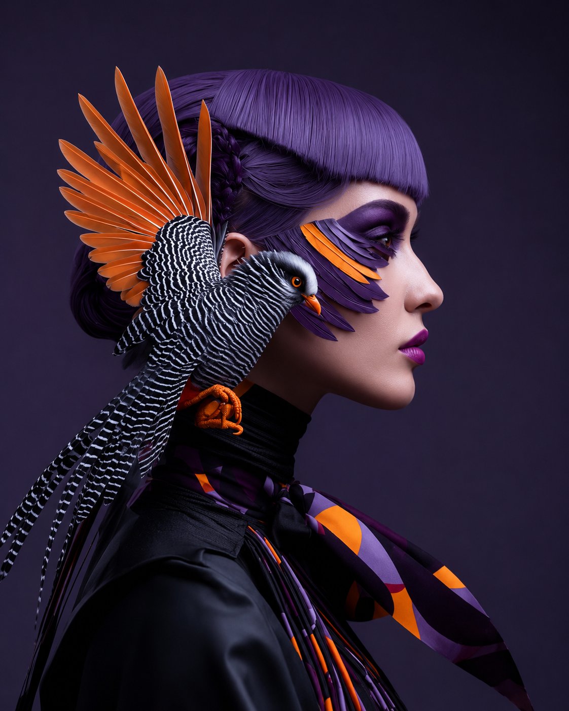 purple hair woman profile with exotic bird editorial