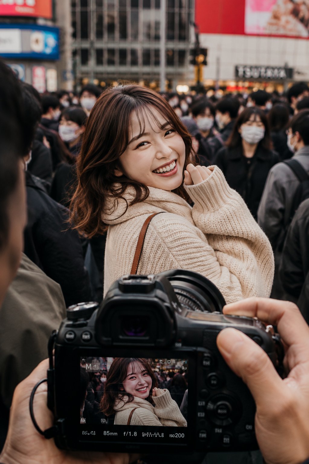 Japanese Woman Laughing in Tokyo Street Photography