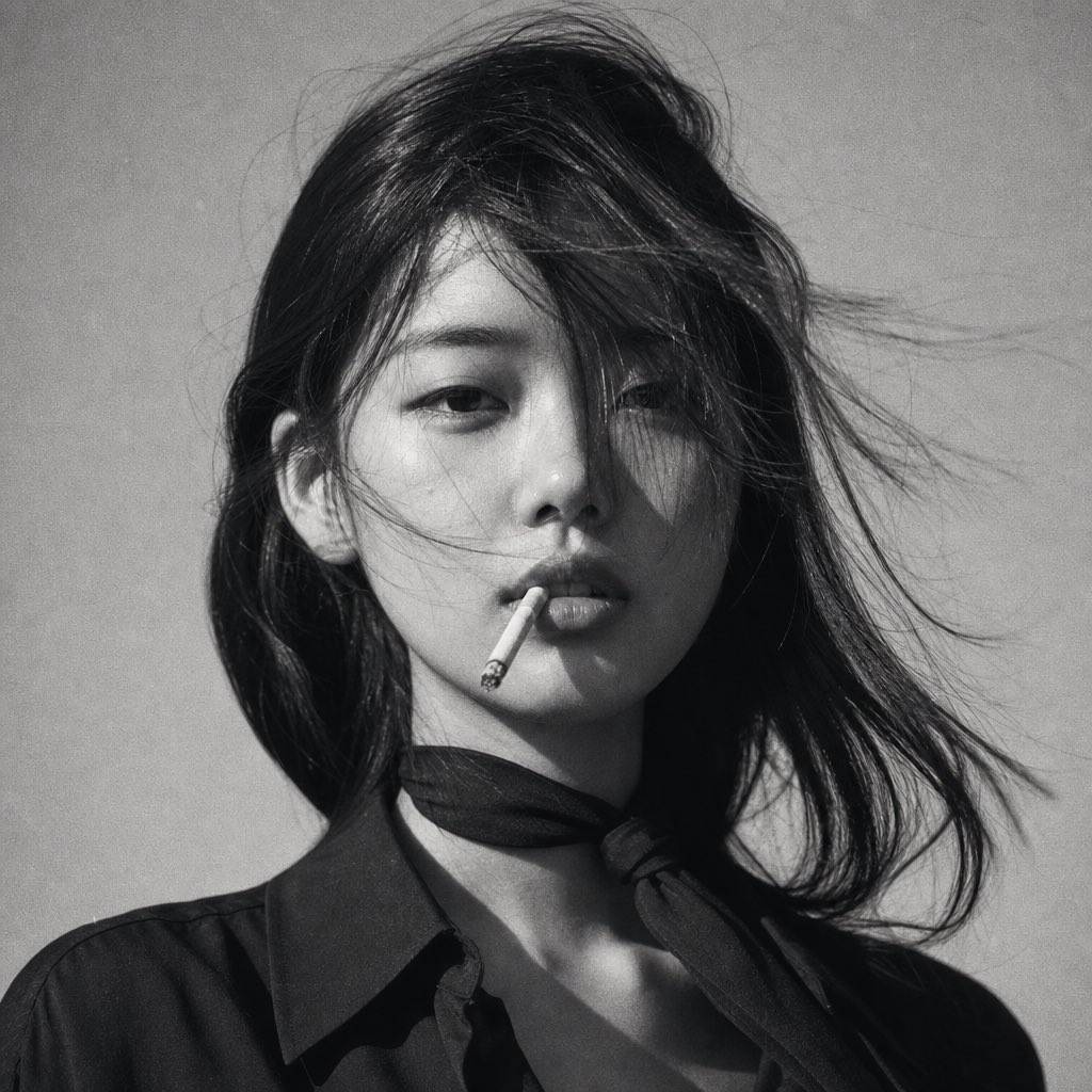 1970s Windblown Monochrome Portrait of Woman with