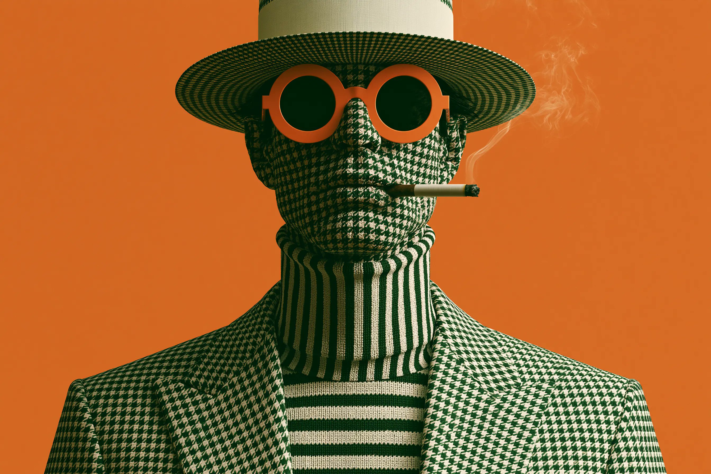 Patterned Suit Character Smoking Against Orange
