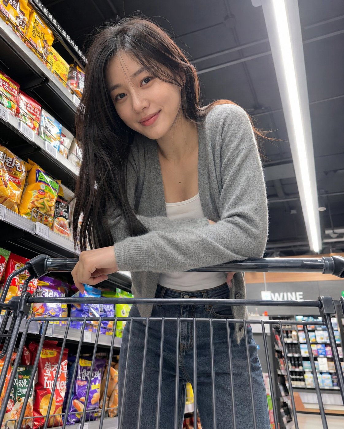 Korean woman leaning on shopping cart in supermarket