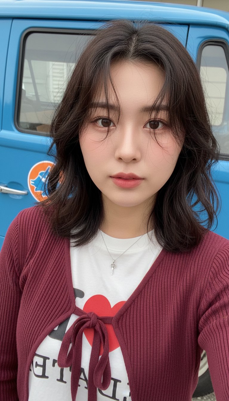 young east asian woman selfie in front of blue van