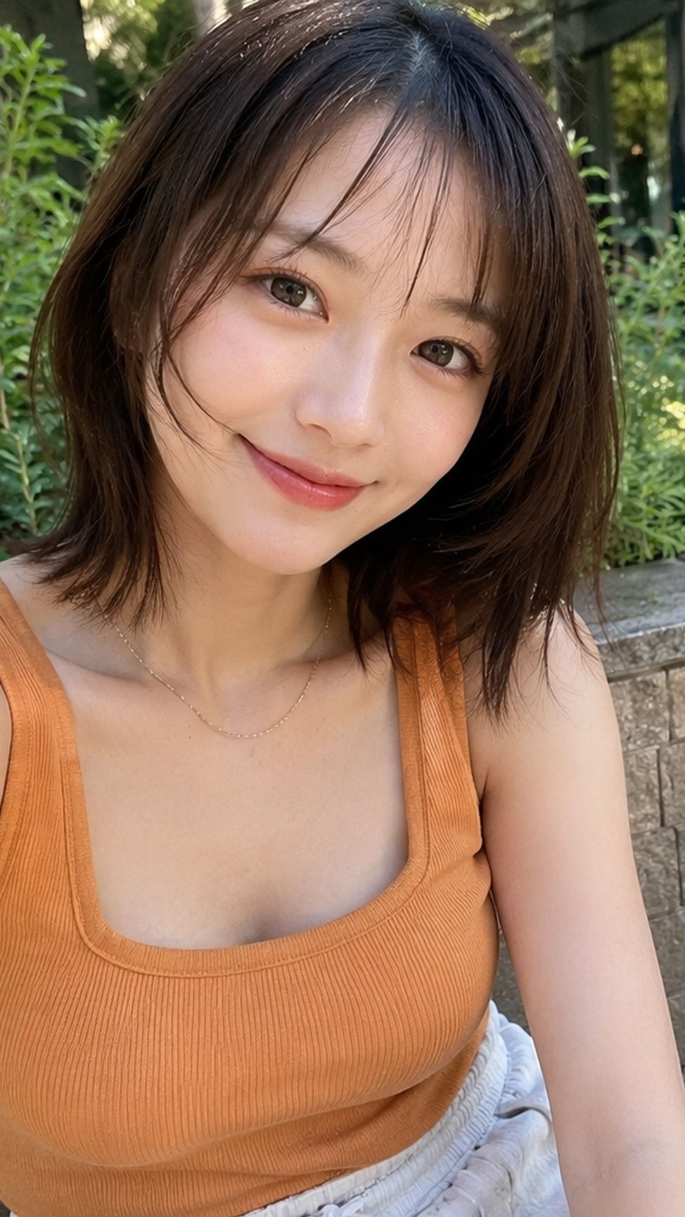 Portrait of Japanese Woman in Orange Ribbed Tank Top