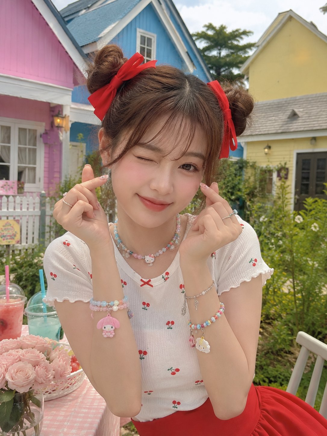 kawaii woman finger heart at pastel picnic