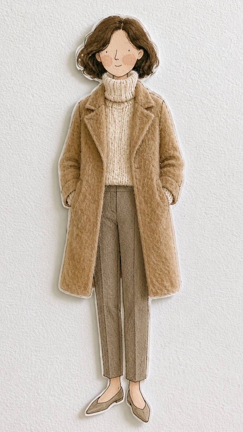 woman in beige wool coat watercolor paper cutout