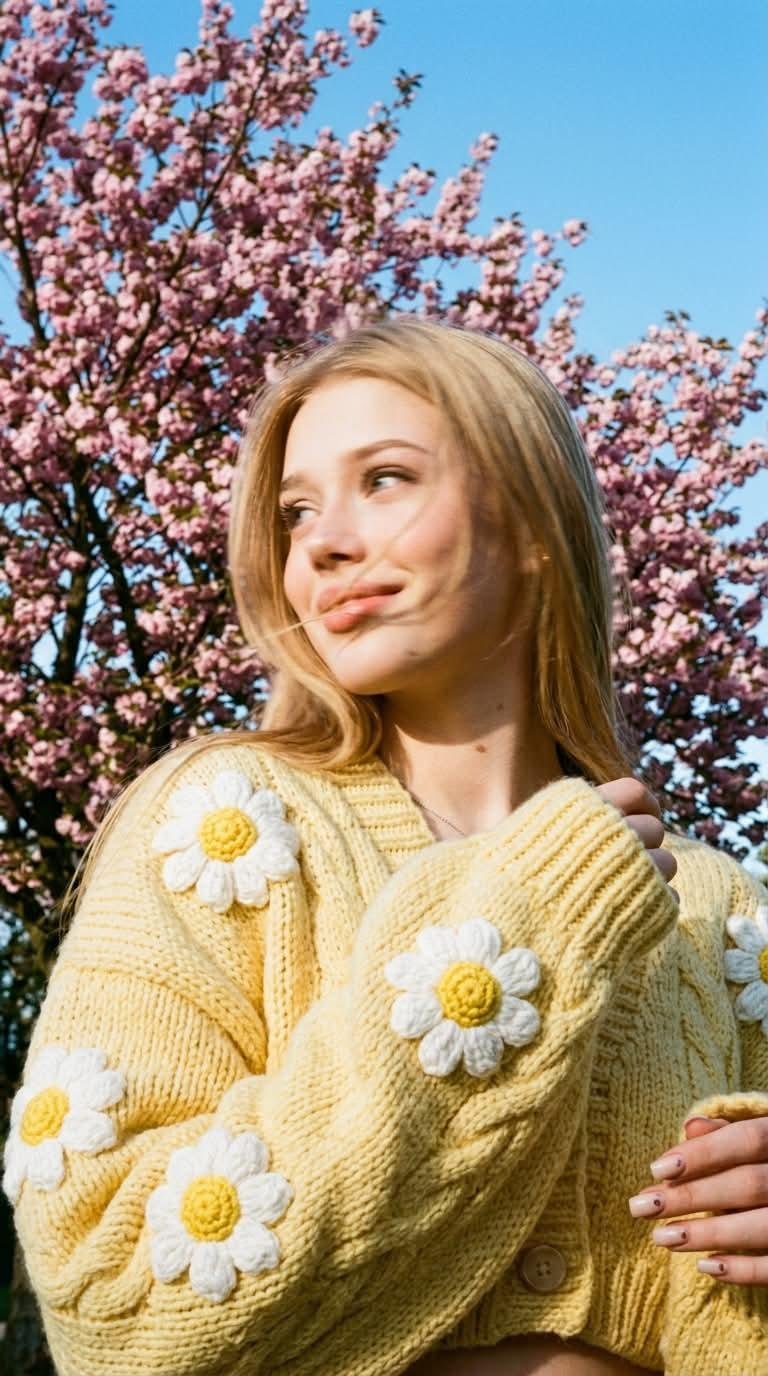 Blonde Woman in Daisy Cardigan Under Pink Blossoms