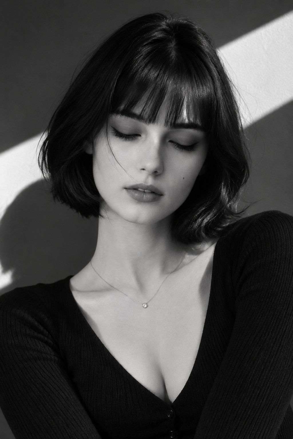 Black and white portrait of a woman with eyes closed
