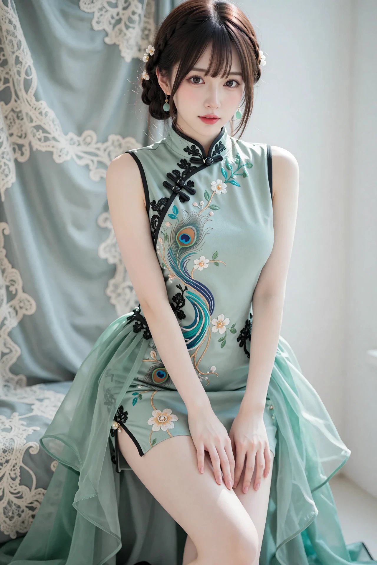 Elegant Woman in Jade Green Qipao with Peacock