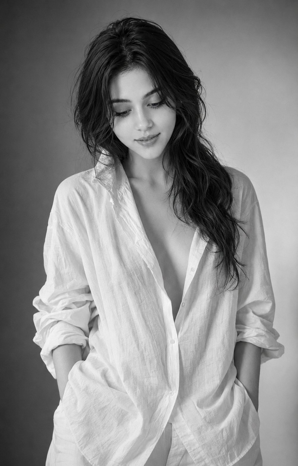 Black and white fashion portrait of young woman in