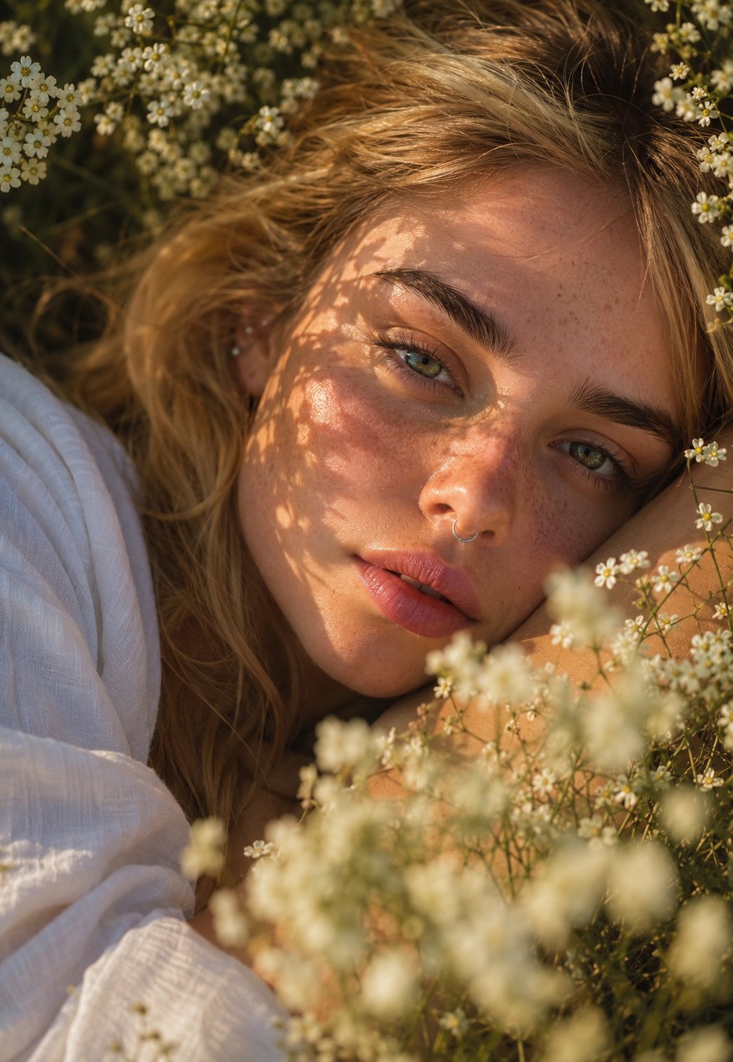 Woman lying in baby's breath flowers golden hour