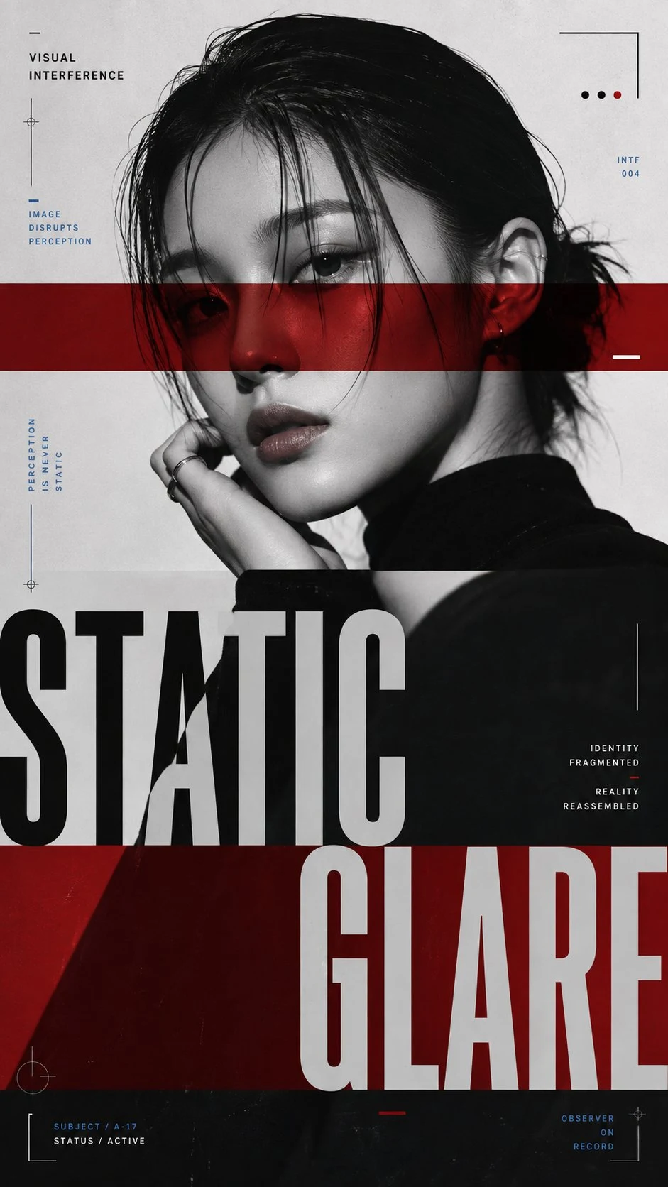 experimental editorial portrait with red color split