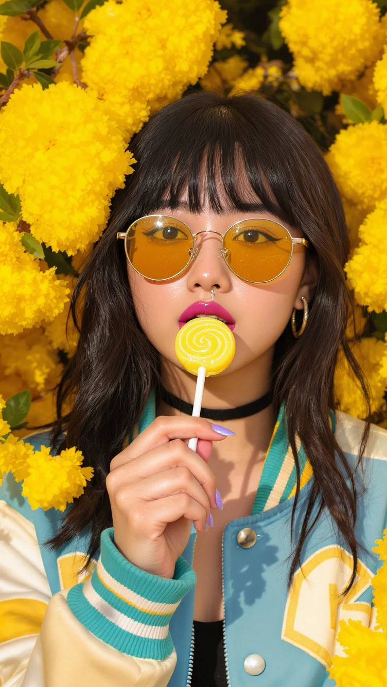 Young woman with yellow sunglasses eating lollipop