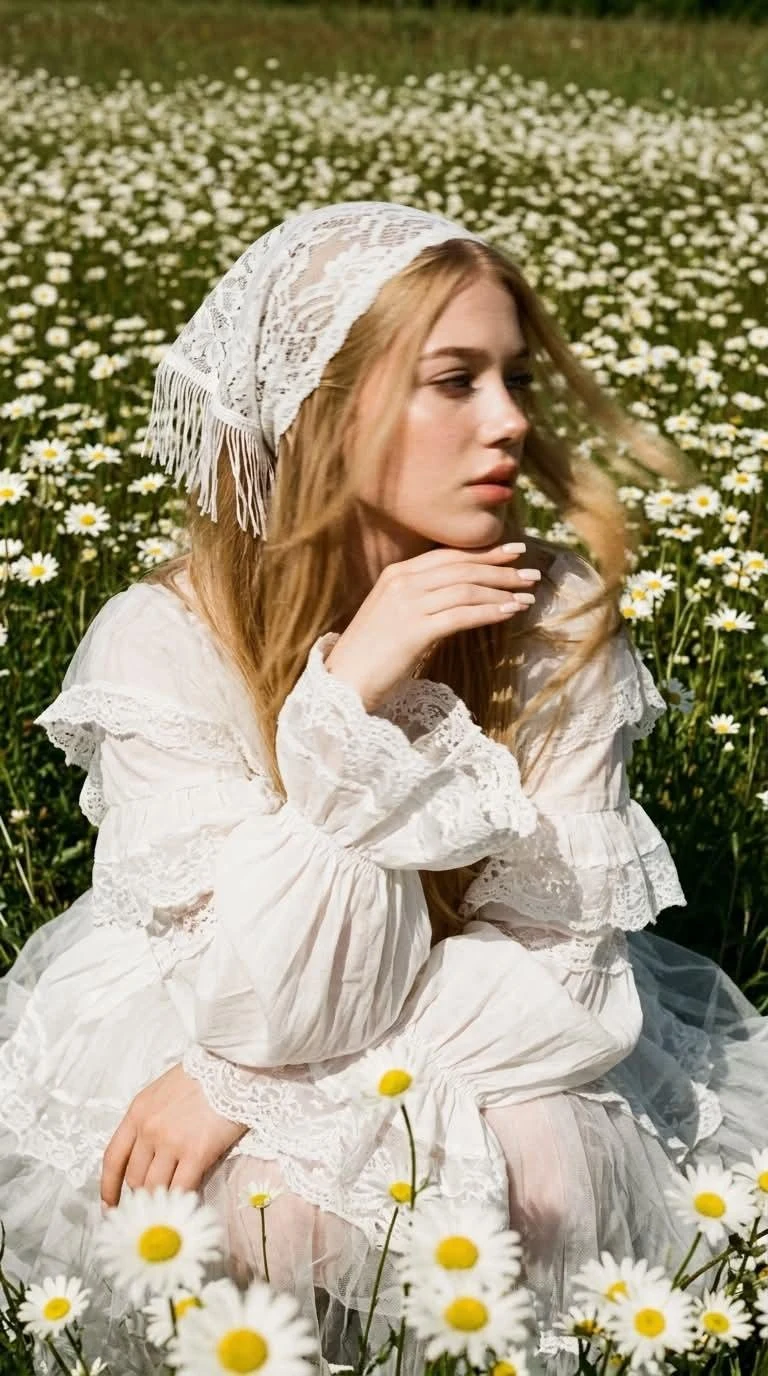 Blonde Woman in White Lace Dress and Headscarf in a