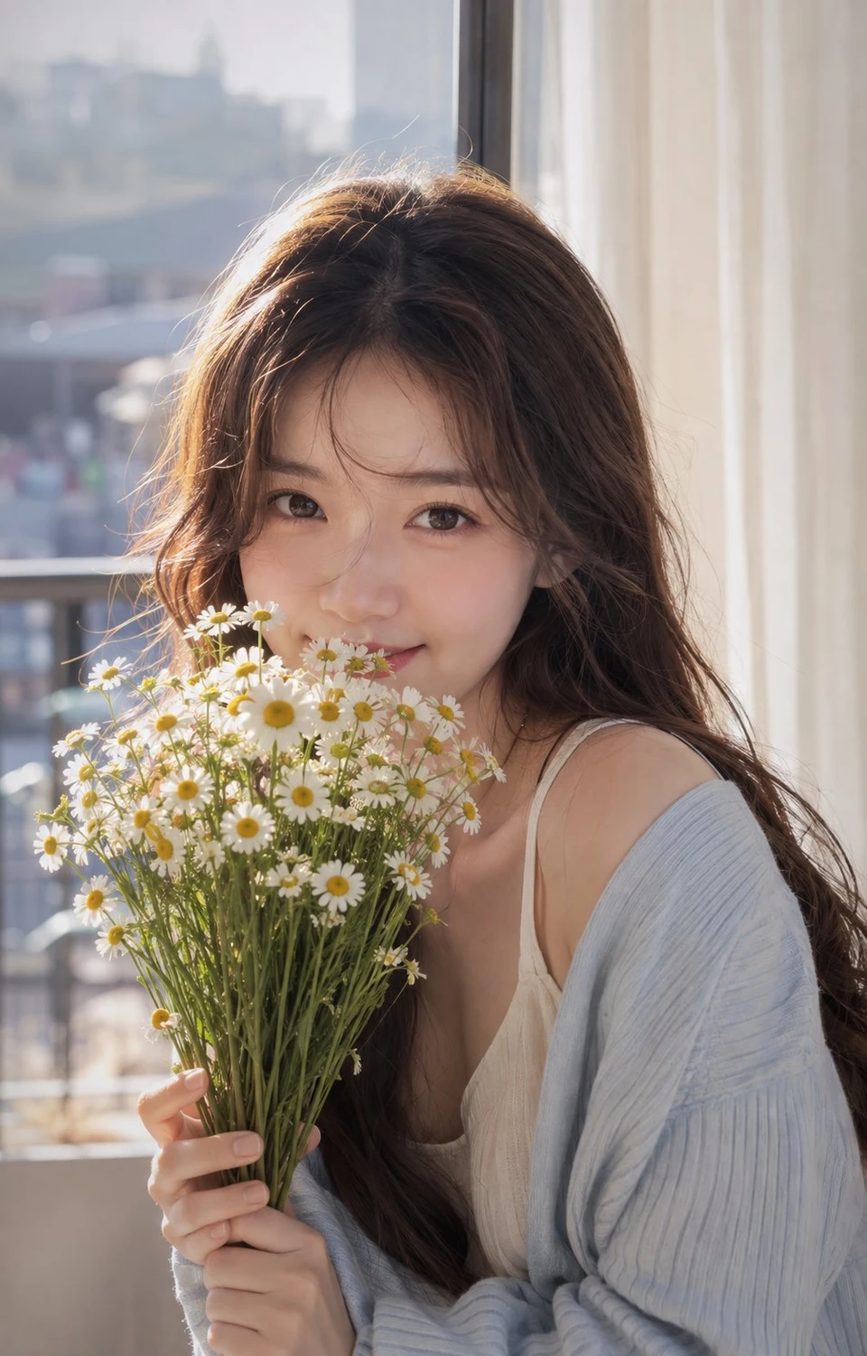 Portrait of Korean woman with daisies by window