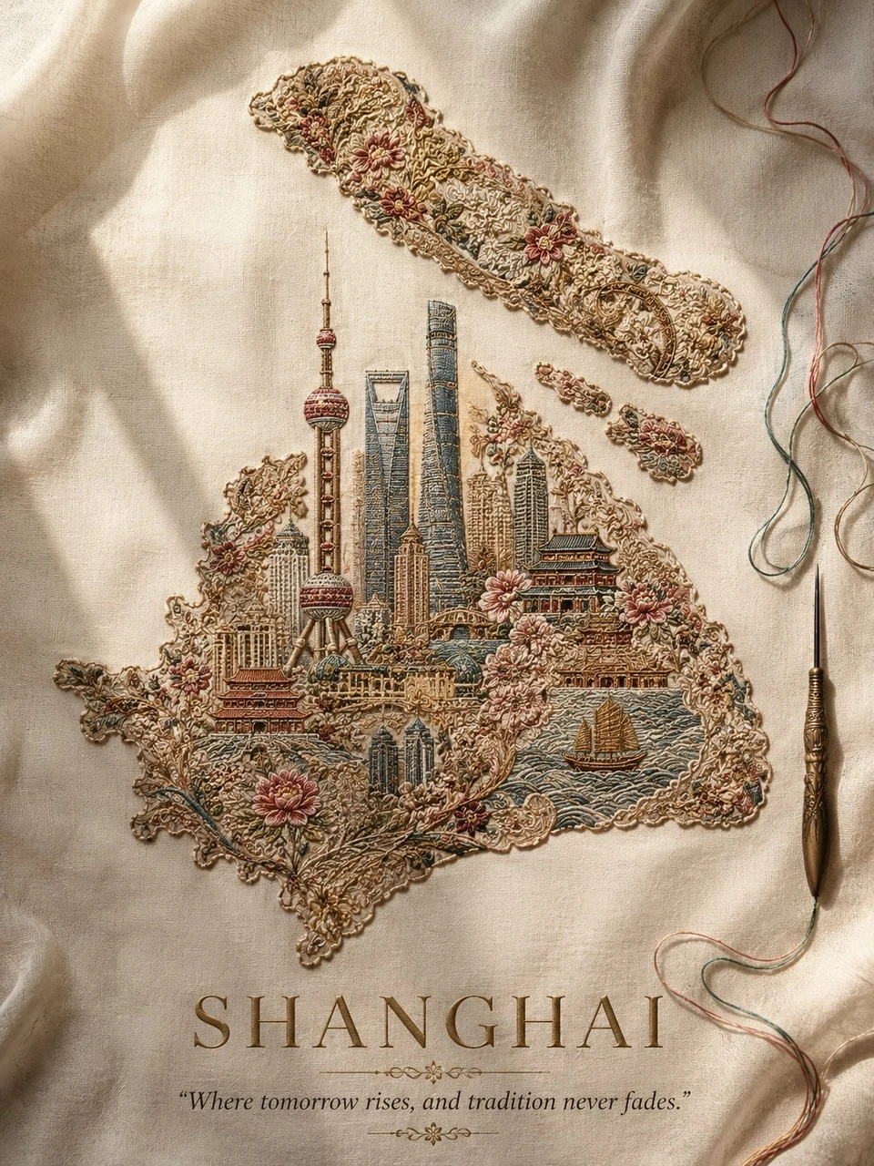 Shanghai Map Embroidery Travel Poster