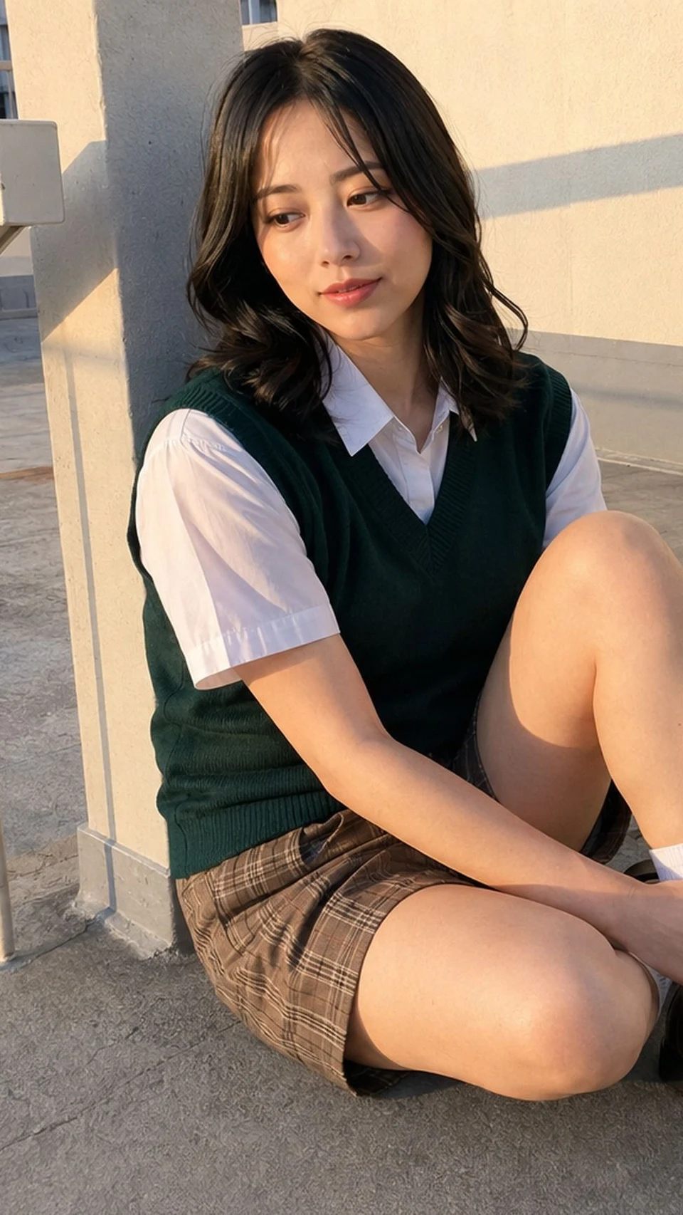 Japanese woman sitting on rooftop at sunset
