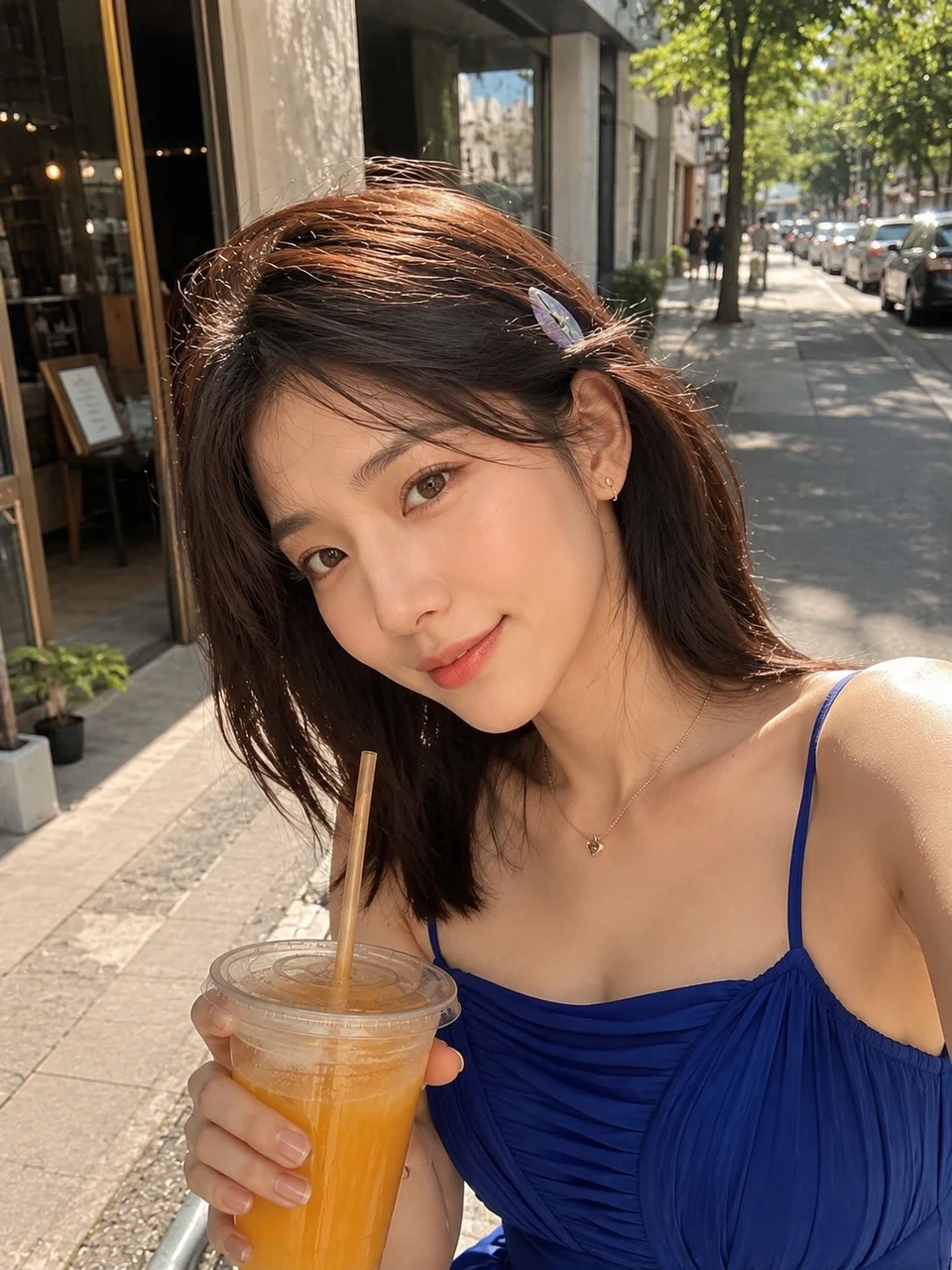young japanese woman in blue dress drinking orange
