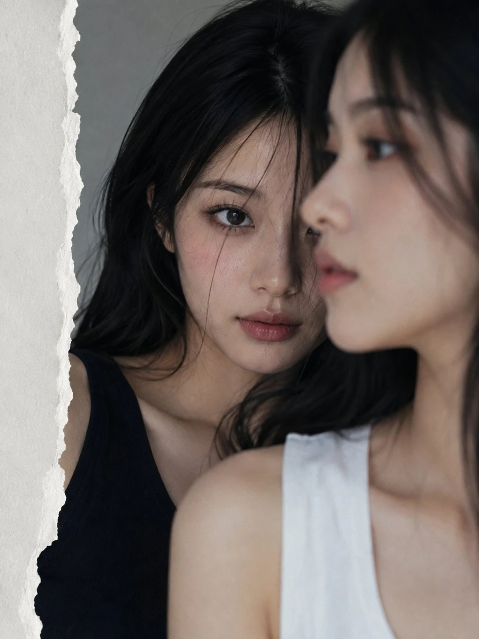 Korean fashion editorial portrait with torn paper