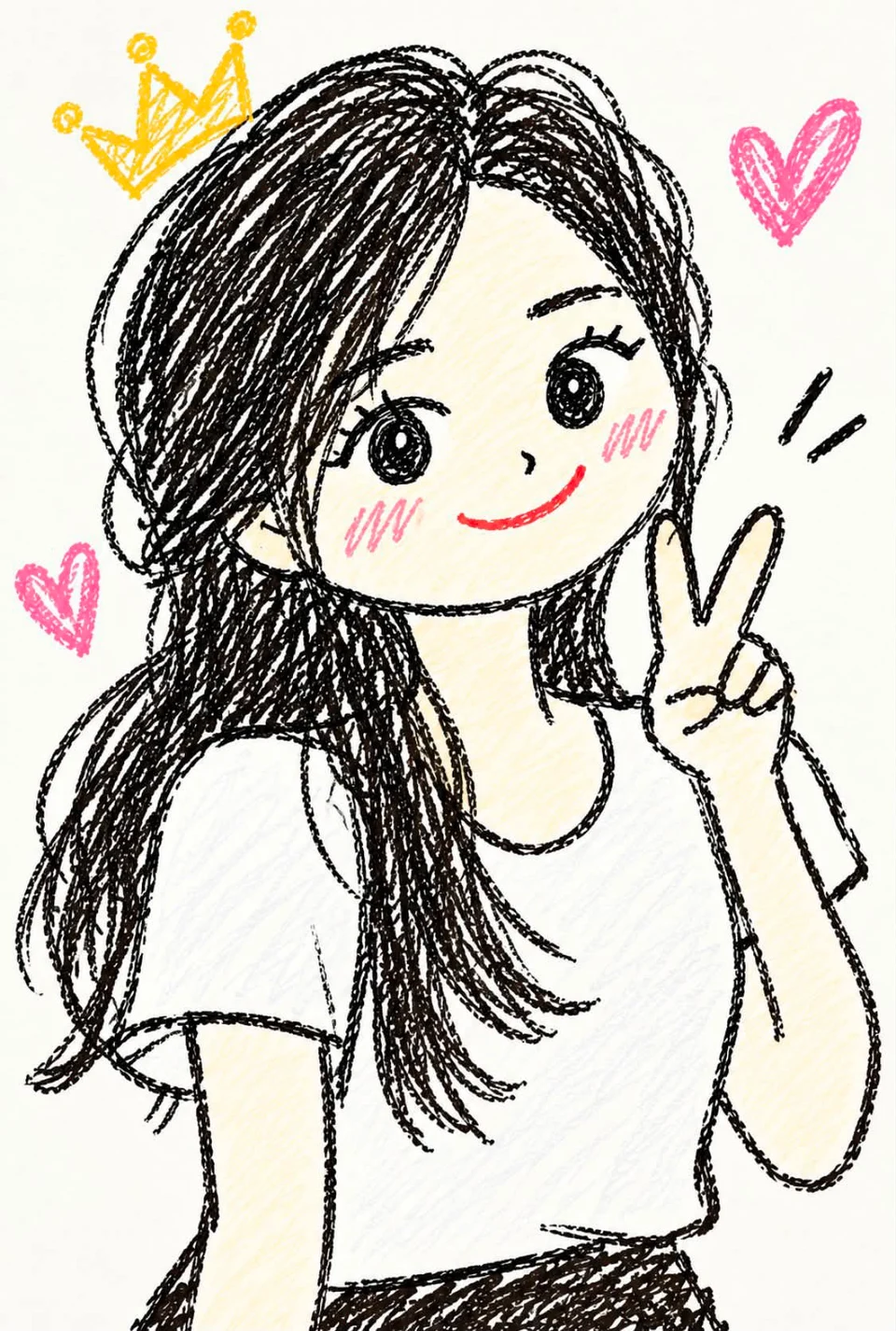 cute hand-drawn doodle girl with long hair and peace
