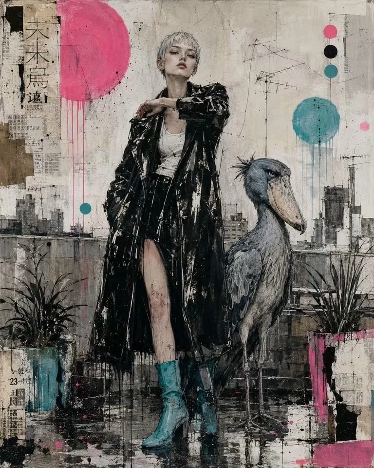 Mixed-media urban portrait of woman with shoebill