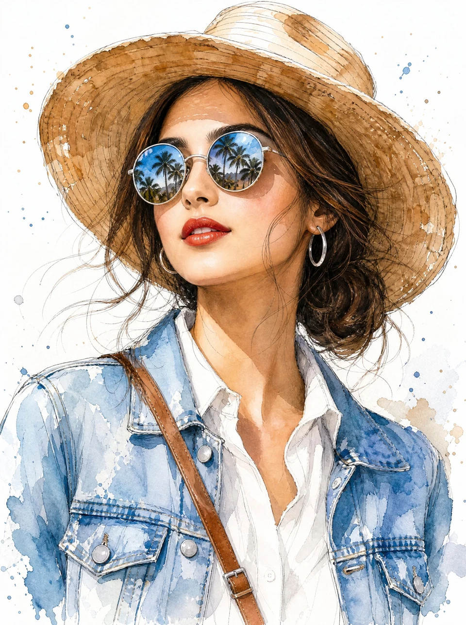 Watercolor fashion portrait woman in straw hat and