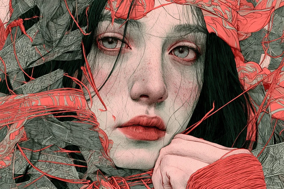 Prismatic ink portrait of a pensive woman with red