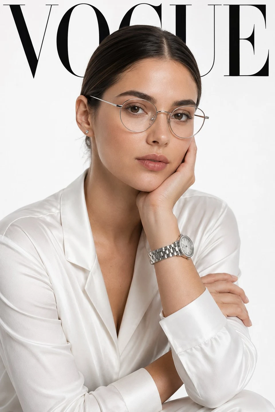 Elegant Woman in Glasses and Satin on Vogue Magazine