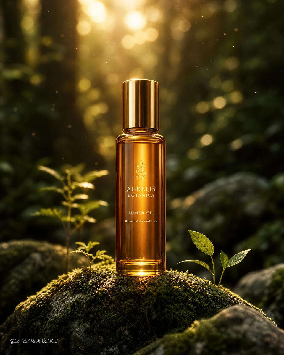 Aurelis Botanical Lumen Oil skincare bottle on mossy