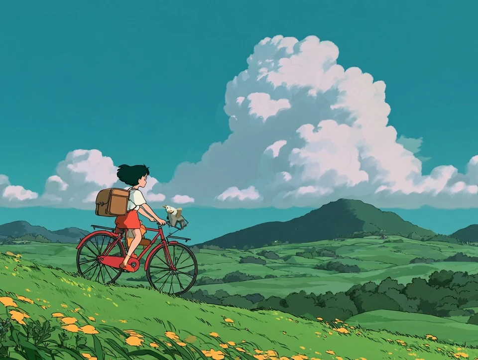 Studio Ghibli style girl riding bicycle in green